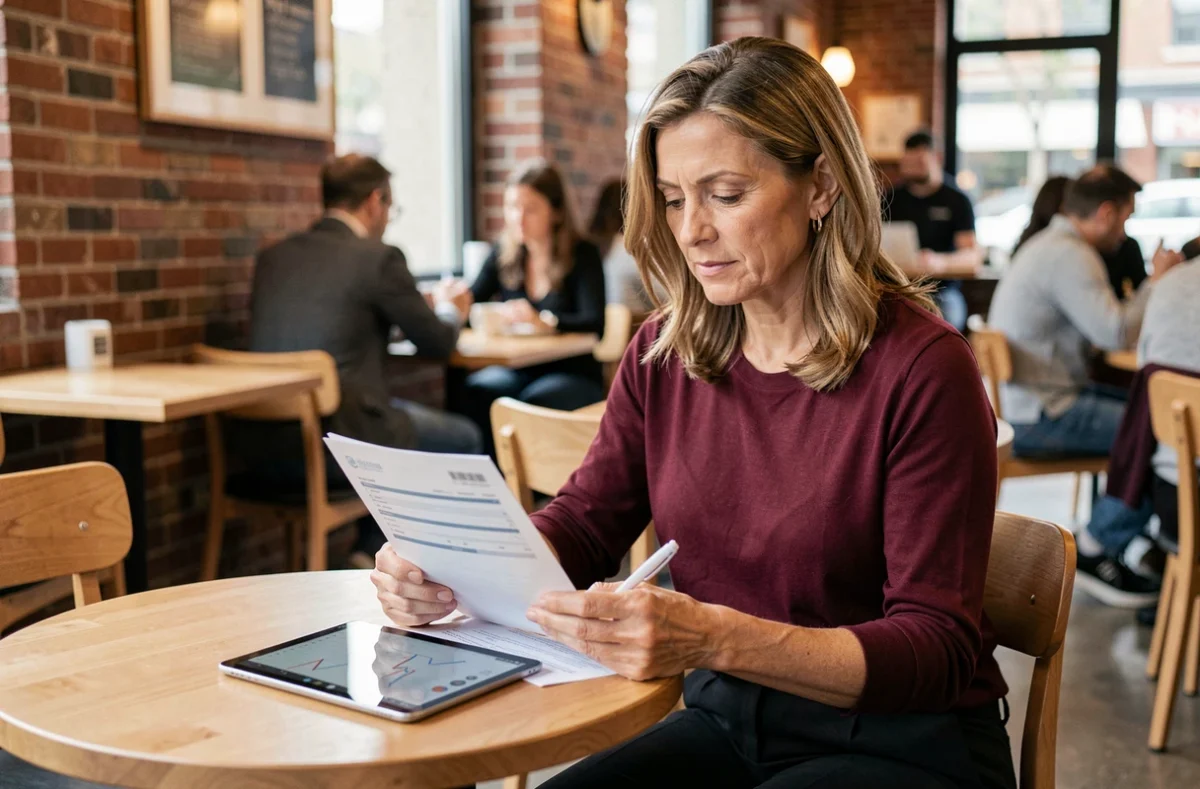 Chef d'entreprise analysant ses relevés bancaires Caisse d'Epargne professionnel sur tablette dans un café moderne