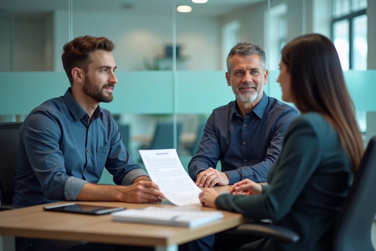 Client discutant d'une offre de prêt sérieux avec un conseiller financier en agence de crédit
