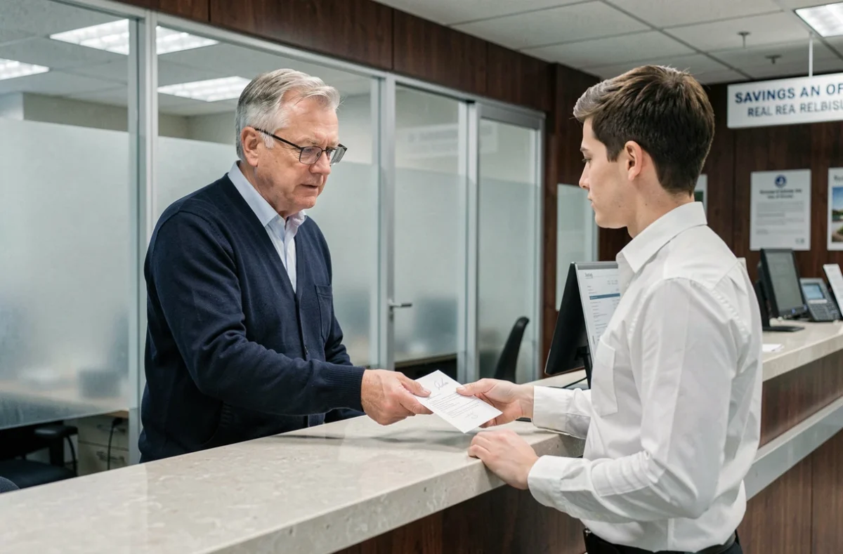 Client senior signant un document pour un livret LEL dans une agence bancaire