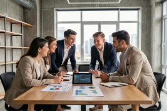Jeunes professionnels ambitieux réunis autour d'une table pour discuter d'investissements alternatifs dans un espace de coworking moderne
