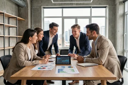 Jeunes professionnels ambitieux réunis autour d'une table pour discuter d'investissements alternatifs dans un espace de coworking moderne