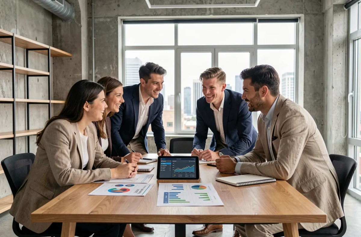 Jeunes professionnels ambitieux réunis autour d'une table pour discuter d'investissements alternatifs dans un espace de coworking moderne