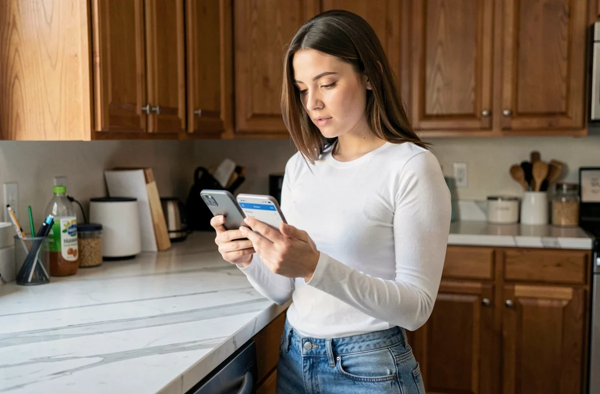Jeune femme comparant des applications de gains en marchant sur son smartphone dans une cuisine