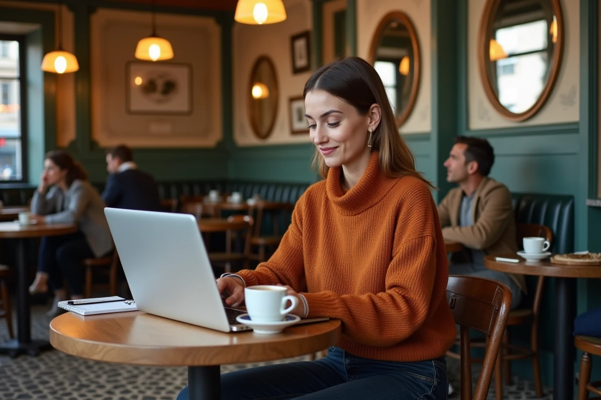 Jeune femme comparant les salaires selon les r&eacute;gions fran&ccedil;aises dans un caf&eacute; &agrave; Lyon