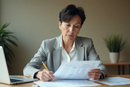 Comptable analysant des tableaux d'amortissement sur des feuilles imprimées à son bureau en bois