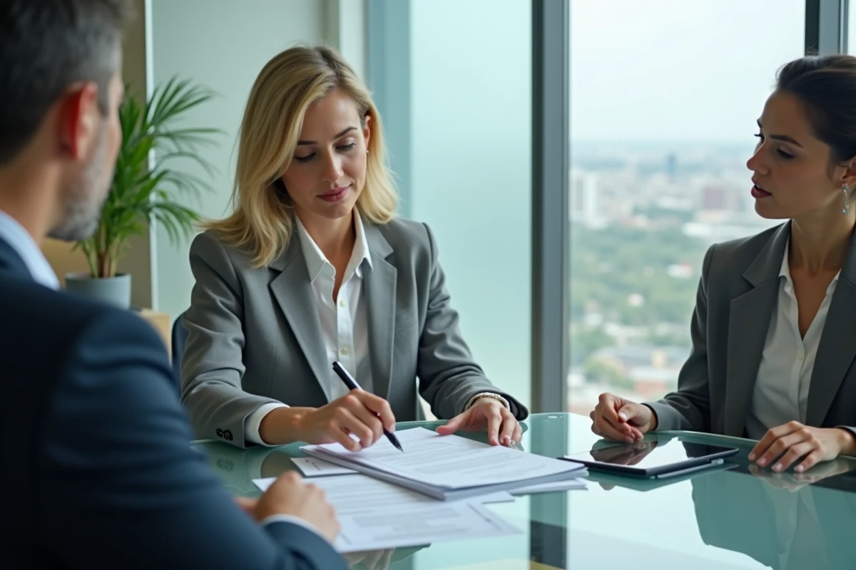 Comptable femme expliquant des stratégies d'optimisation fiscale à un client dans un cabinet comptable moderne