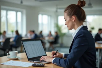 Comptable femme utilisant un convertisseur HT en TTC sur ordinateur portable dans un bureau moderne