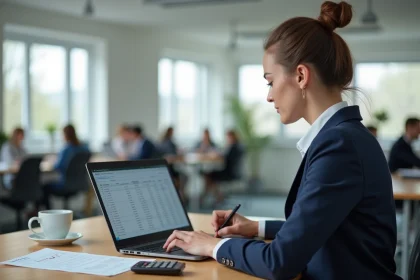 Comptable femme utilisant un convertisseur HT en TTC sur ordinateur portable dans un bureau moderne