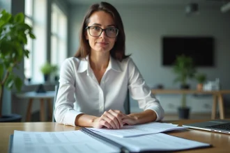 Comptable professionnelle révisant un plan comptable imprimé à son bureau de travail