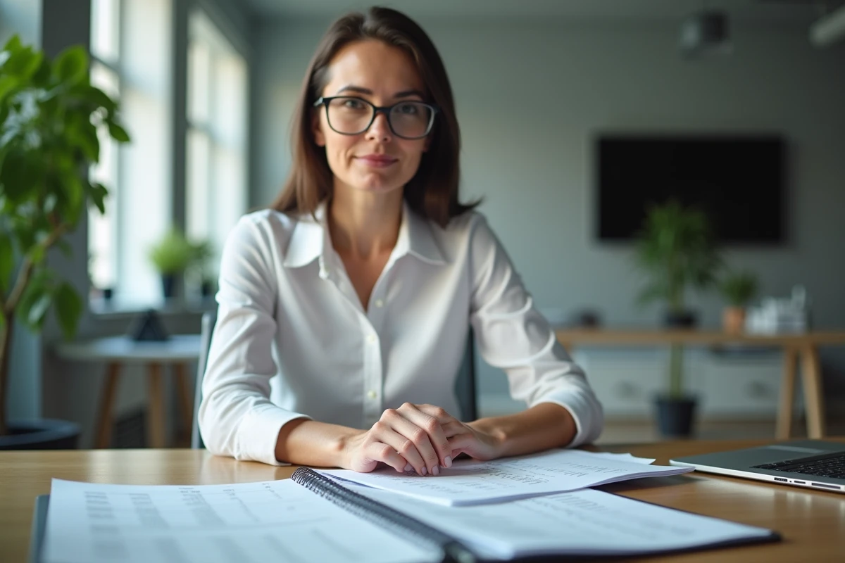 Comptable professionnelle révisant un plan comptable imprimé à son bureau de travail