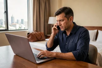 Homme connecté à son espace bancaire CMUT depuis l'étranger via ordinateur portable et smartphone dans une chambre d'hôtel