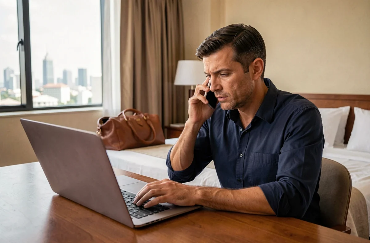 Homme connecté à son espace bancaire CMUT depuis l'étranger via ordinateur portable et smartphone dans une chambre d'hôtel