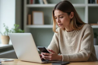 Femme utilisant un ordinateur portable pour se connecter à son espace particulier bancaire en ligne depuis son bureau à domicile