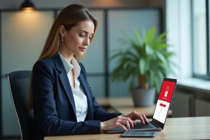 Femme professionnelle se connectant à son espace particulier Société Générale sur un ordinateur portable au bureau