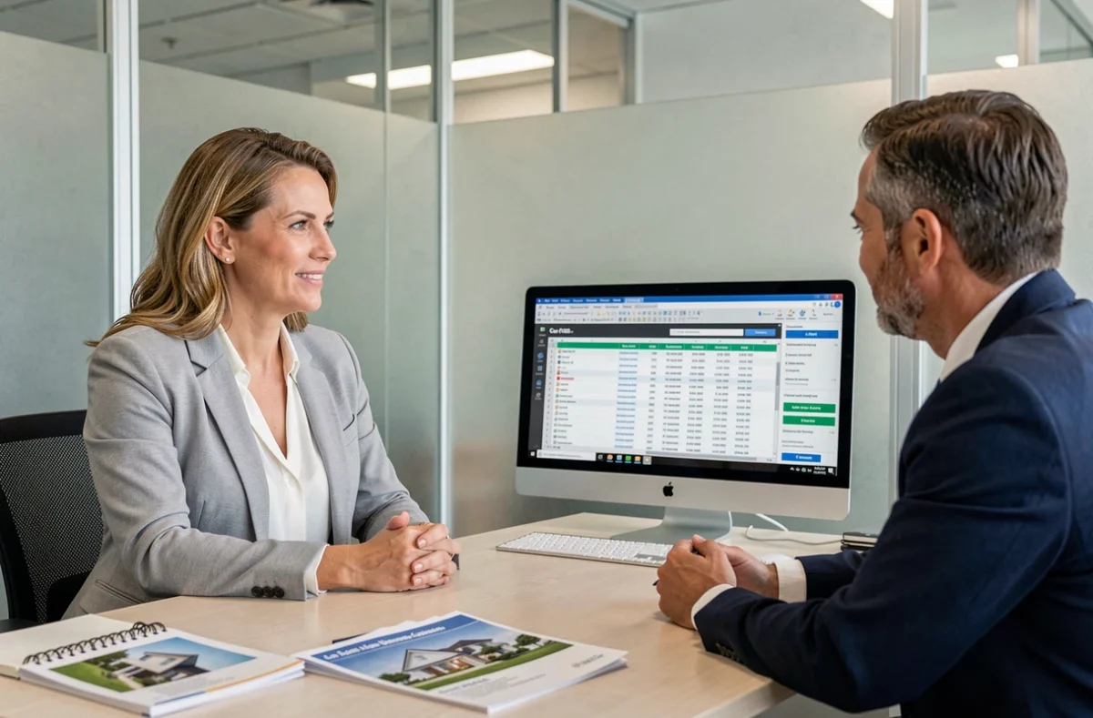 Femme consultant un conseiller financier pour souscrire une assurance de prêt immobilier en agence