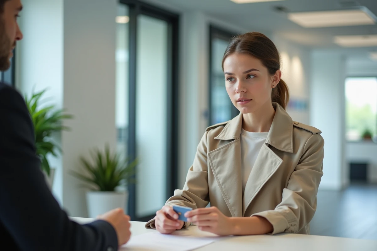 Jeune femme consultant un conseiller bancaire en agence pour déverrouiller sa carte bancaire rapidement