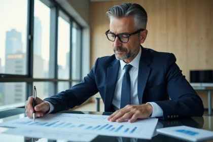 Conseiller financier analysant des courbes de taux CMS et Euribor dans un bureau moderne