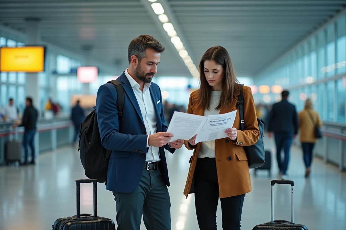 Couple examinant des documents Pôle Emploi dans un aéroport avant un départ à l'étranger