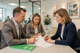 Couple en train de signer un contrat d'assurance emprunteur avec un conseiller bancaire à la Caisse d'Épargne