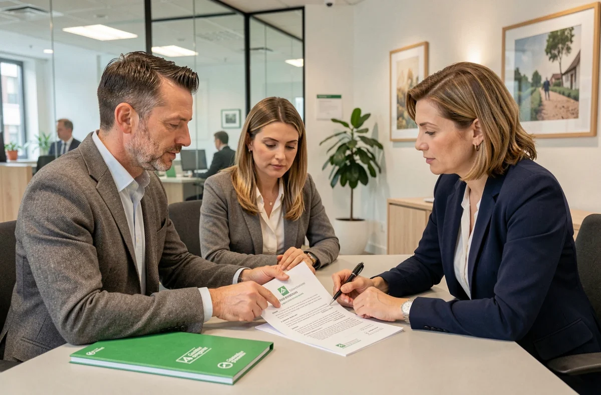 Couple en train de signer un contrat d'assurance emprunteur avec un conseiller bancaire à la Caisse d'Épargne