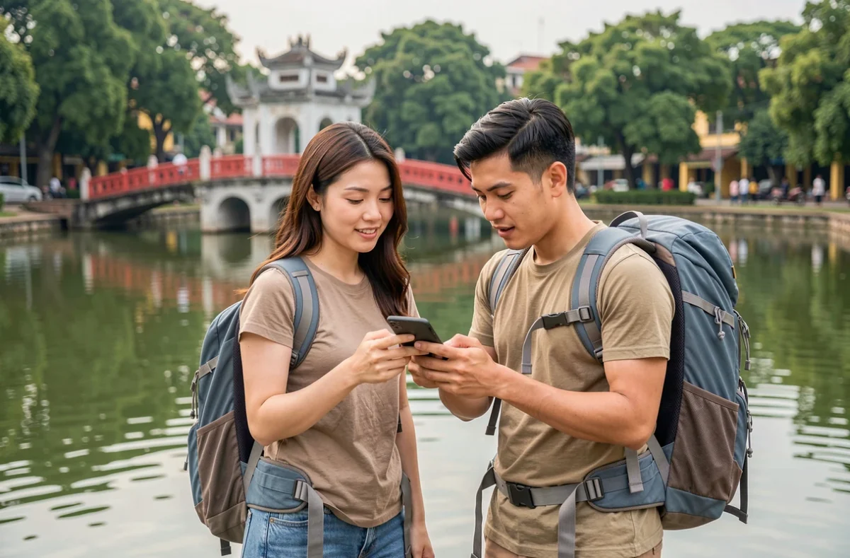 Couple de voyageurs vérifiant leur assurance voyage devant le lac Hoan Kiem à Hanoï, Vietnam