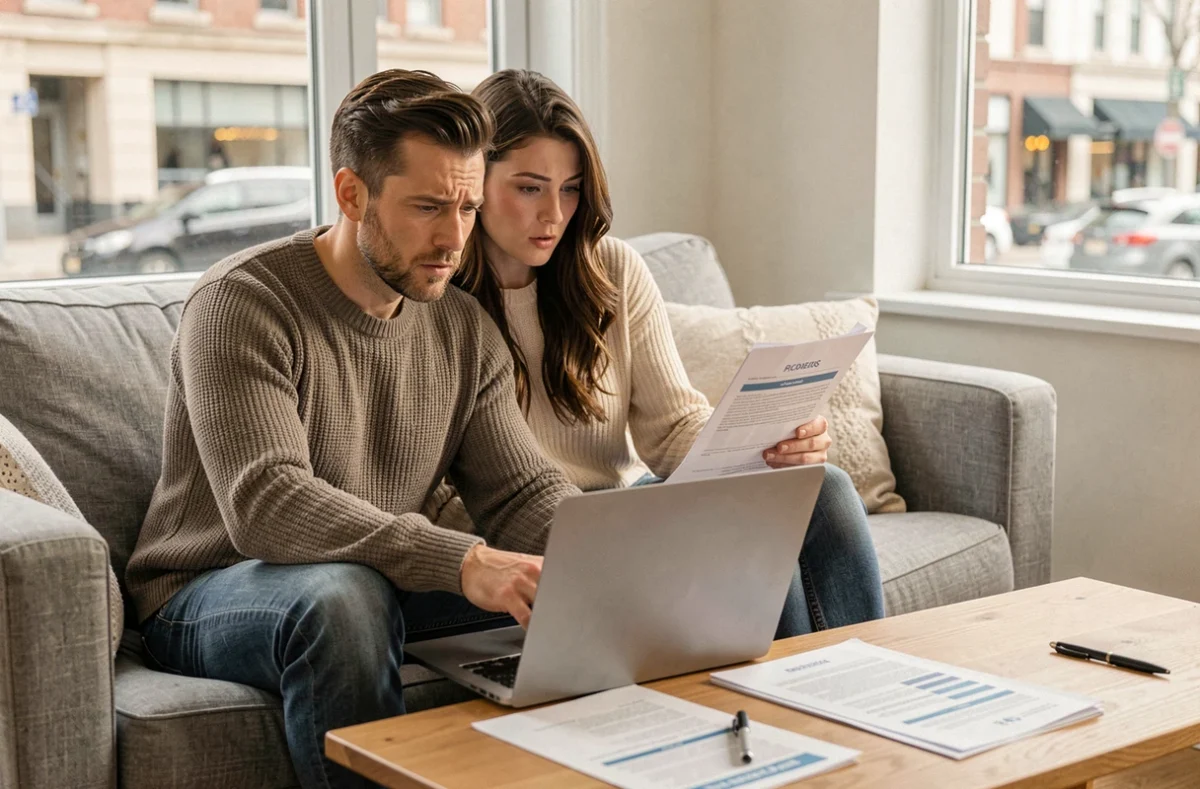 Couple comparant les offres d'assurance emprunteur sur un ordinateur portable dans leur salon