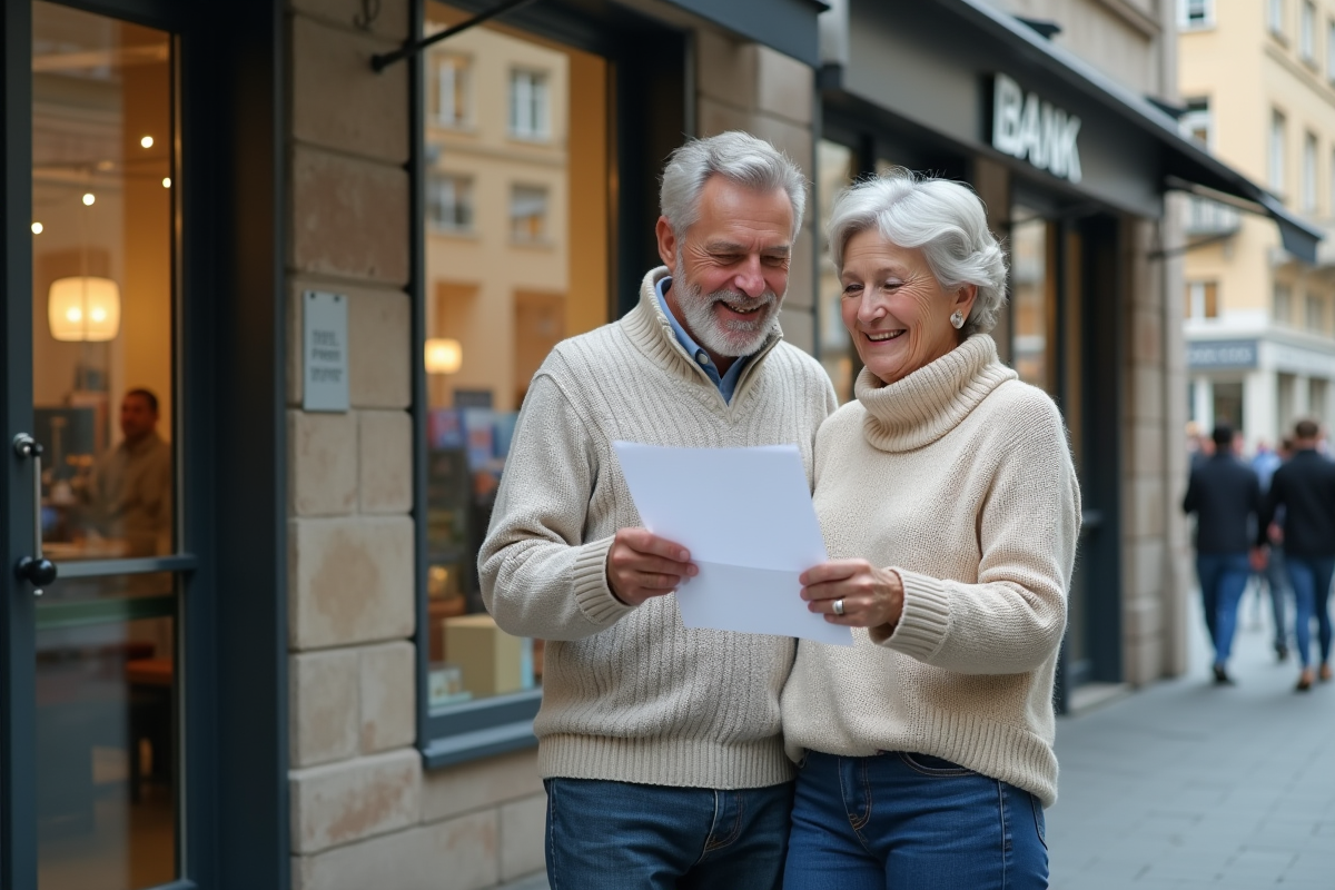 Couple discutant devant une agence bancaire en ville