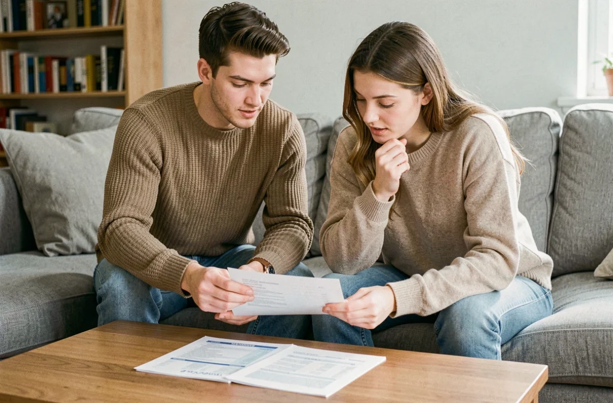 Couple examinant un relevé de frais bancaires ensemble dans un salon cosy