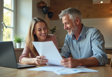 Couple souriant planifiant finances dans une cuisine lumineuse