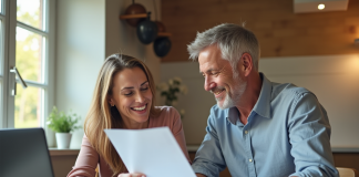 Couple souriant planifiant finances dans une cuisine lumineuse