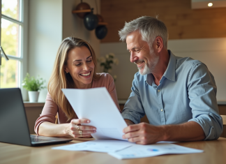 Couple souriant planifiant finances dans une cuisine lumineuse