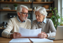 Couple retraité français examinant documents à la maison