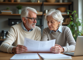 Couple retraité français examinant documents à la maison