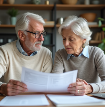 Couple retraité français examinant documents à la maison