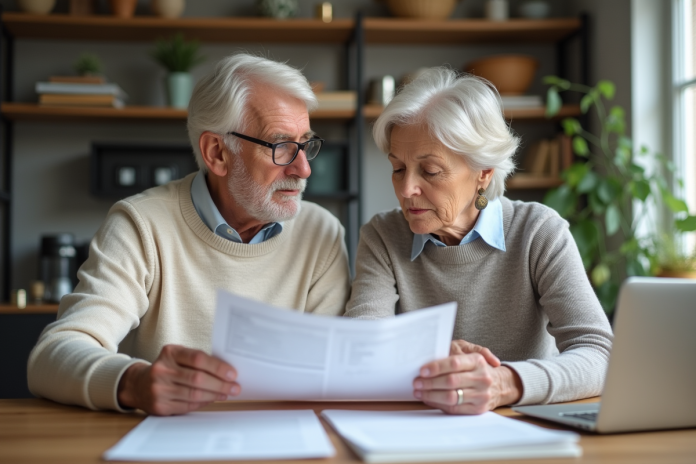 Couple retraité français examinant documents à la maison