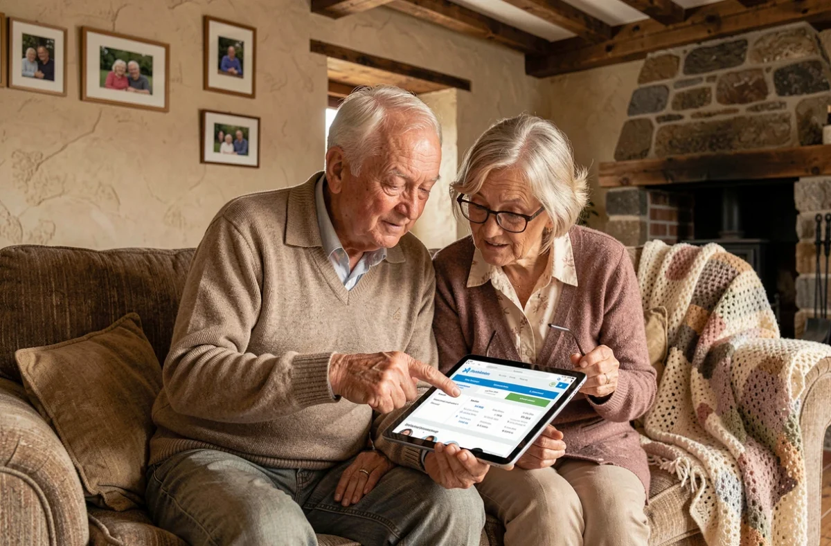 Couple d'agriculteurs retraités comparant des devis de mutuelle MSA sur une tablette à domicile