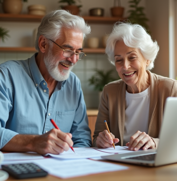 Aide pour compléter une petite retraite : Conseils et astuces efficaces pour réussir Couple senior souriant à la maison vérifiant factures
