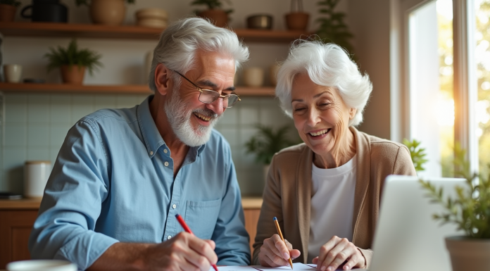 Couple senior souriant à la maison vérifiant factures