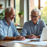 Couple senior souriant à la cuisine avec documents financiers
