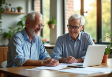 Couple senior souriant à la cuisine avec documents financiers