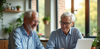 Couple senior souriant à la cuisine avec documents financiers