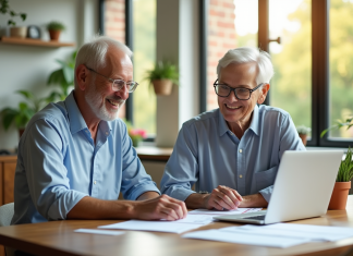 Couple senior souriant à la cuisine avec documents financiers