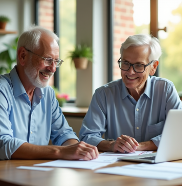 Calcul retraite : estimer précisément vos revenus à la retraite Couple senior souriant à la cuisine avec documents financiers