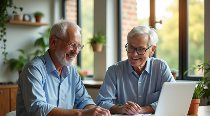 Couple senior souriant à la cuisine avec documents financiers