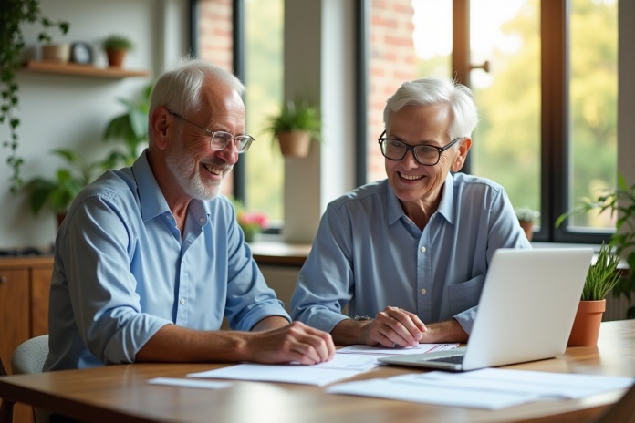 Couple senior souriant à la cuisine avec documents financiers