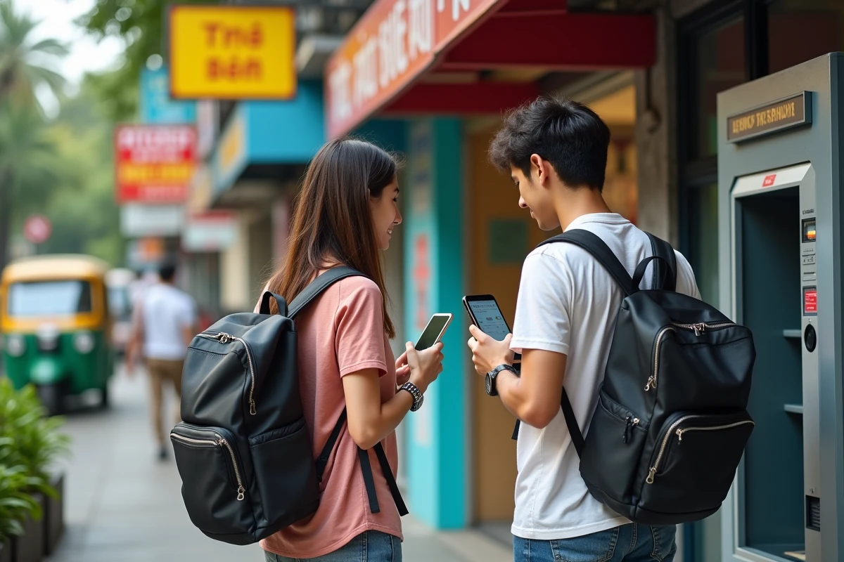 Couple de voyageurs consultant leur smartphone pour localiser un distributeur de billets dans une rue animée d'Asie du Sud-Est