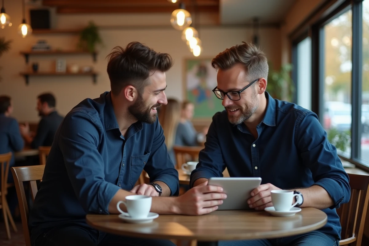 Courtier en assurance discutant d'une offre adaptée avec un propriétaire de TPE dans un café, représentant l'approche terrain de Qlara