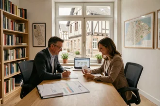 Un conseiller en crédit immobilier accompagne un couple dans une agence à Rouen pour comparer les offres de prêt