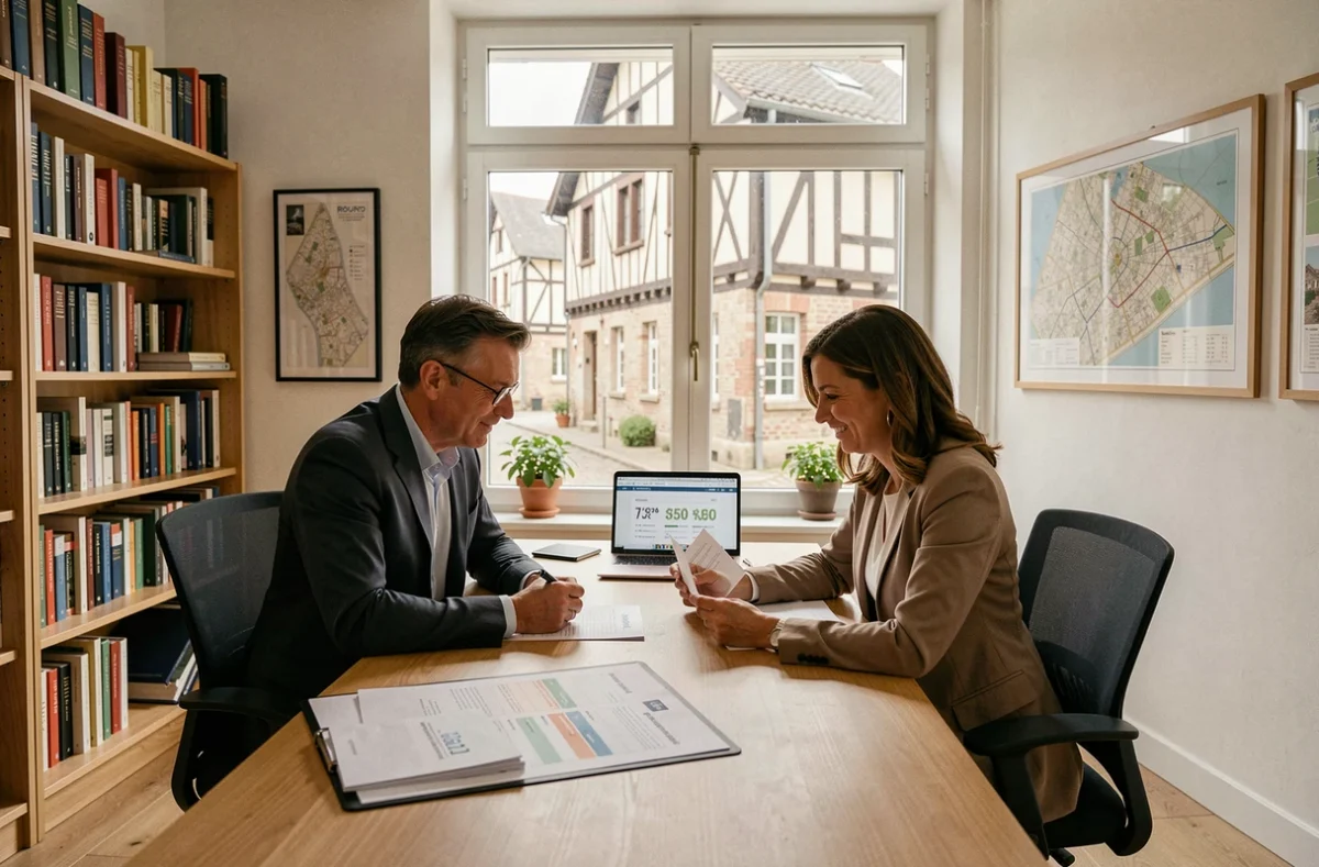 Un conseiller en crédit immobilier accompagne un couple dans une agence à Rouen pour comparer les offres de prêt