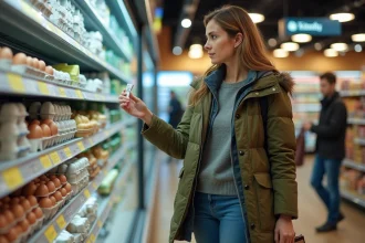 Femme examinant les prix dans un supermarché canadien, illustrant le coût élevé de la vie dans les grandes villes
